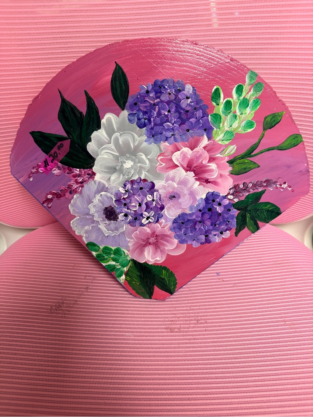 Hand-Painted by ME!  Floral Wooden Fan Art - Pink & Purple Bouquet